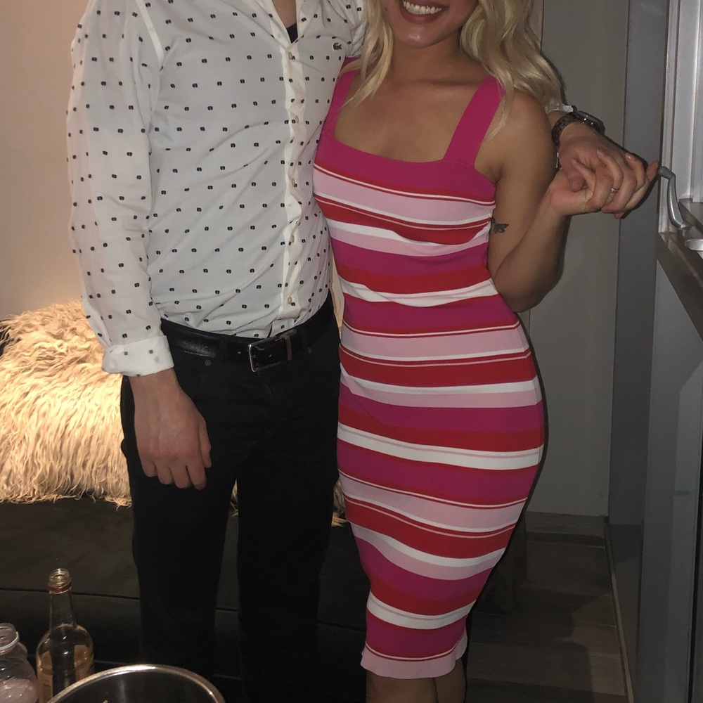 Bardot Pink and Red Stripe Midi Dress